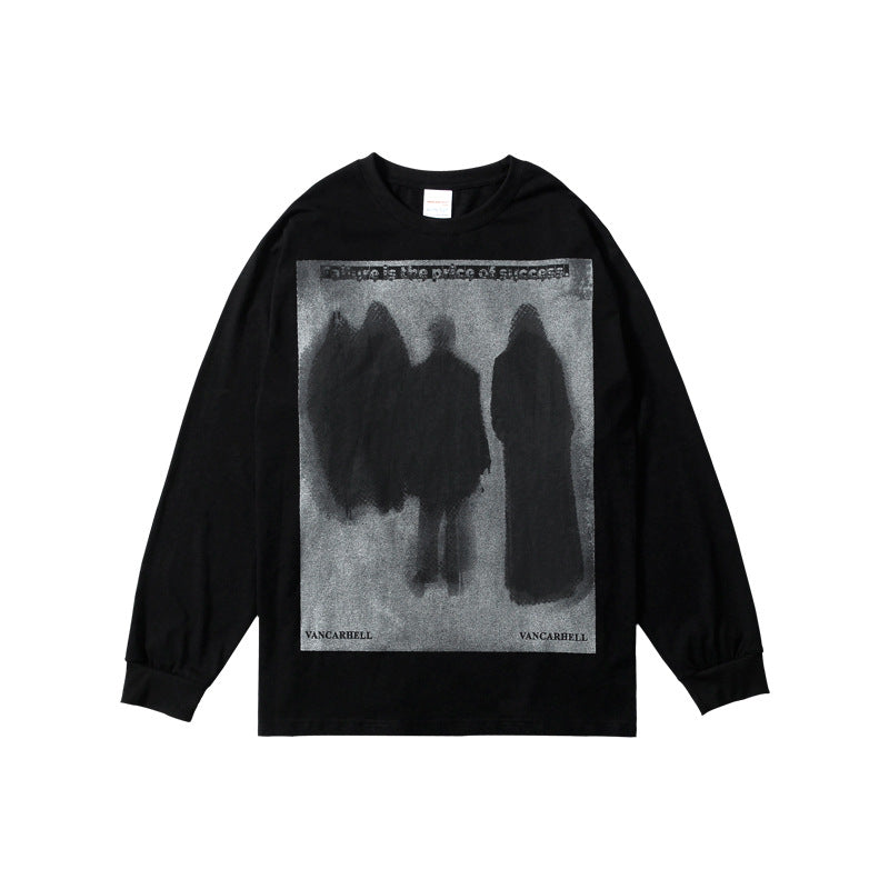 Black, collarless Men's Dark Abstract Printing Long-sleeved T-shirt by Maramalive™, featuring a monochromatic print of four cloaked figures and text at the top. The moderate-detail design occupies most of the front of this cotton fabric long-sleeved shirt.