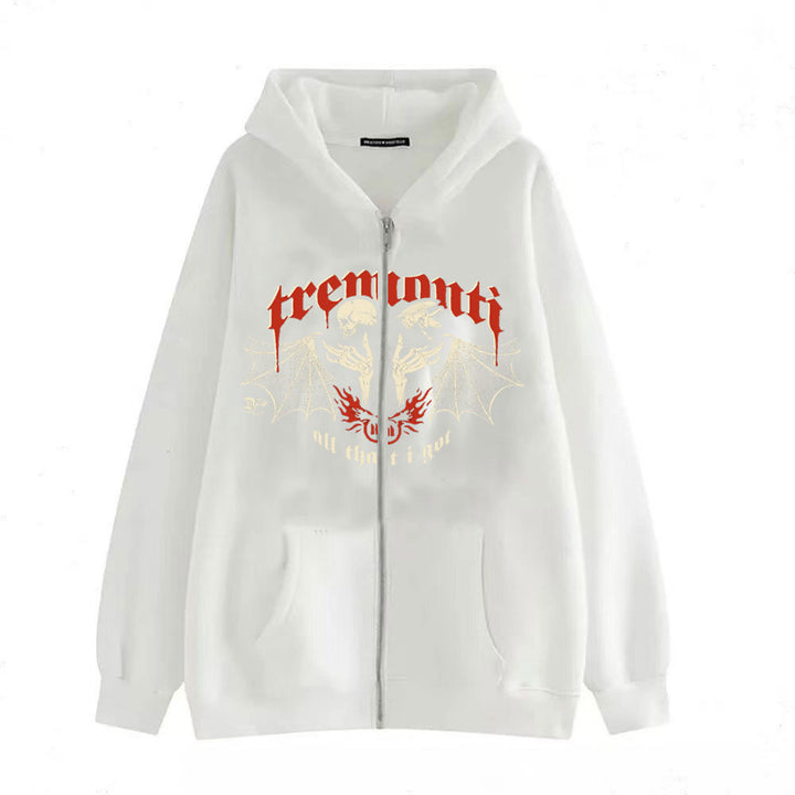 White Men's Skull Zippered Hoodie: The Ultimate Hooded Top from Maramalive™ featuring red "Tremonti" text and an artistic design with a phoenix and flames, embodying elements of a gothic hip hop sweatshirt for a striking, dark style look.