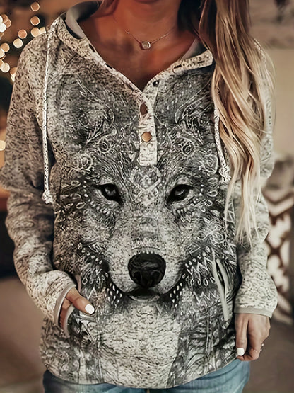 Wolf Print Button Up Drawstring Hoodie, Casual Long Sleeve Hooded Sweatshirt, Women's Clothing