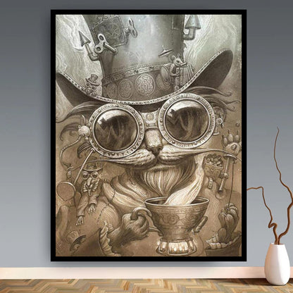 A Steampunk Cat Poster Canvas Frameless Home Decoration by Maramalive™ of a cat in a top hat and glasses.