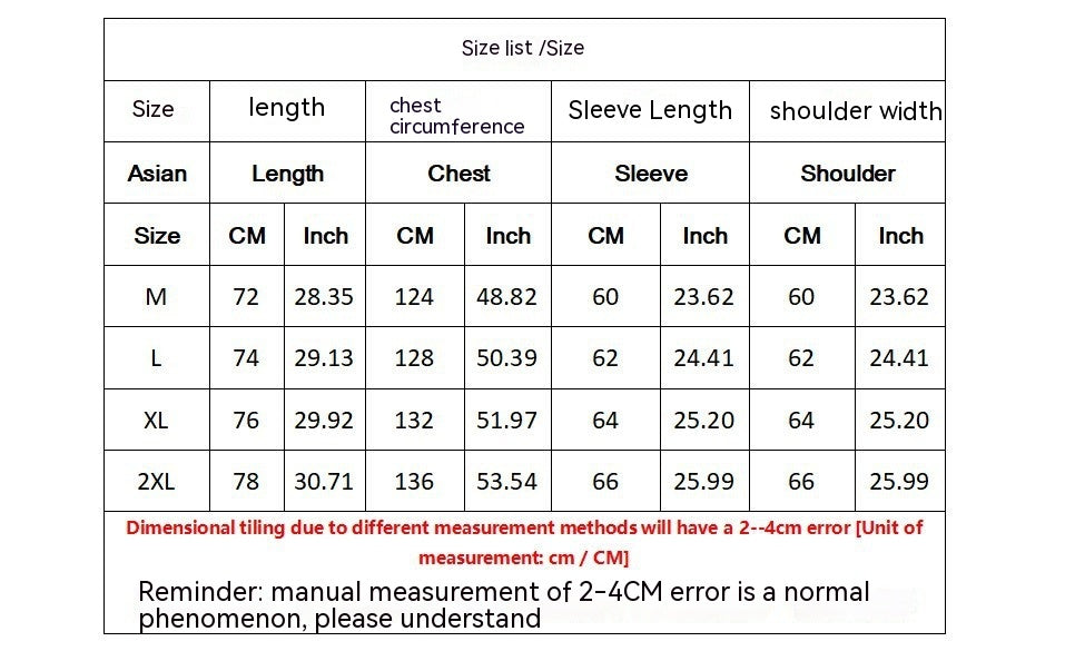 A size chart displaying measurements in cm and inches for different sizes (M, L, XL, 2XL) of a women's Maramalive™ Letter New Long-sleeve Zipper Hoodie Fashion Casual Punk Coat Sweatshirt, including length, chest circumference, sleeve length, and shoulder width. Made from polyester fabric with a street hipster vibe. A note mentions a 2-4 cm error margin.
