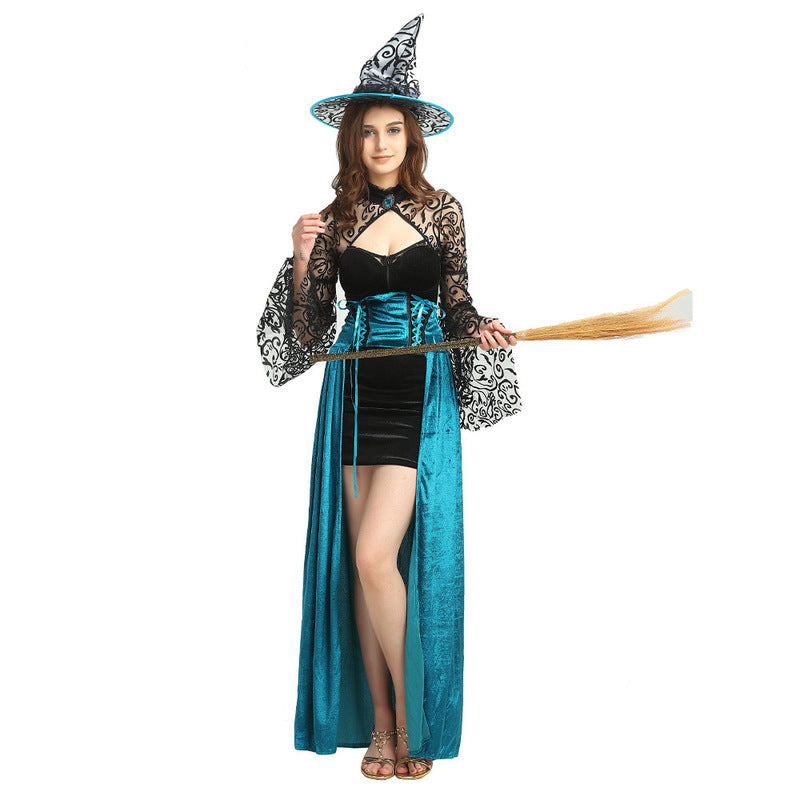 A woman in a blue and black Halloween Cosplay Witch Stage Costume from Maramalive™ with a broom.