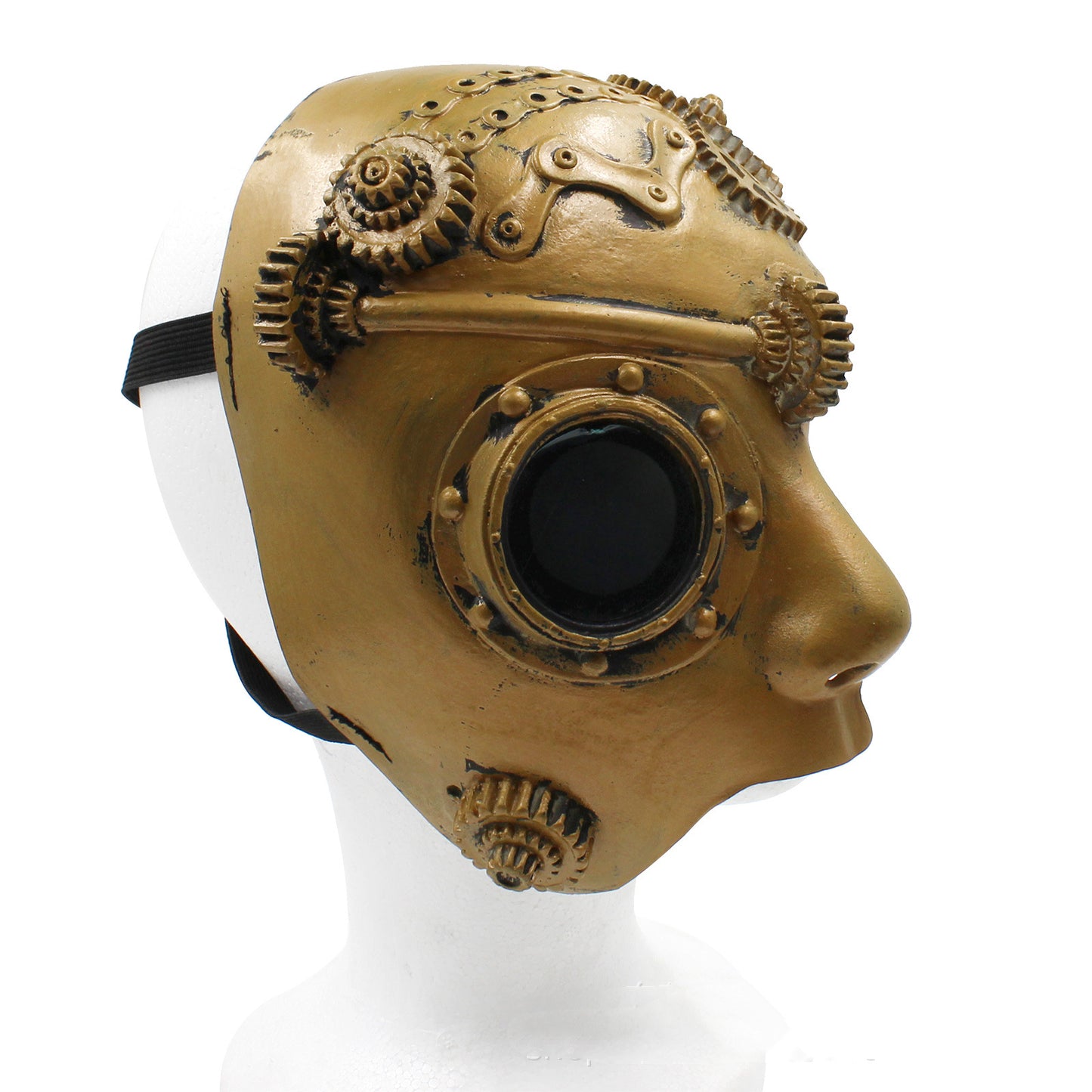 A man wearing a Maramalive™ Steampunk Half Face Props Anime Game mask with gears on it.