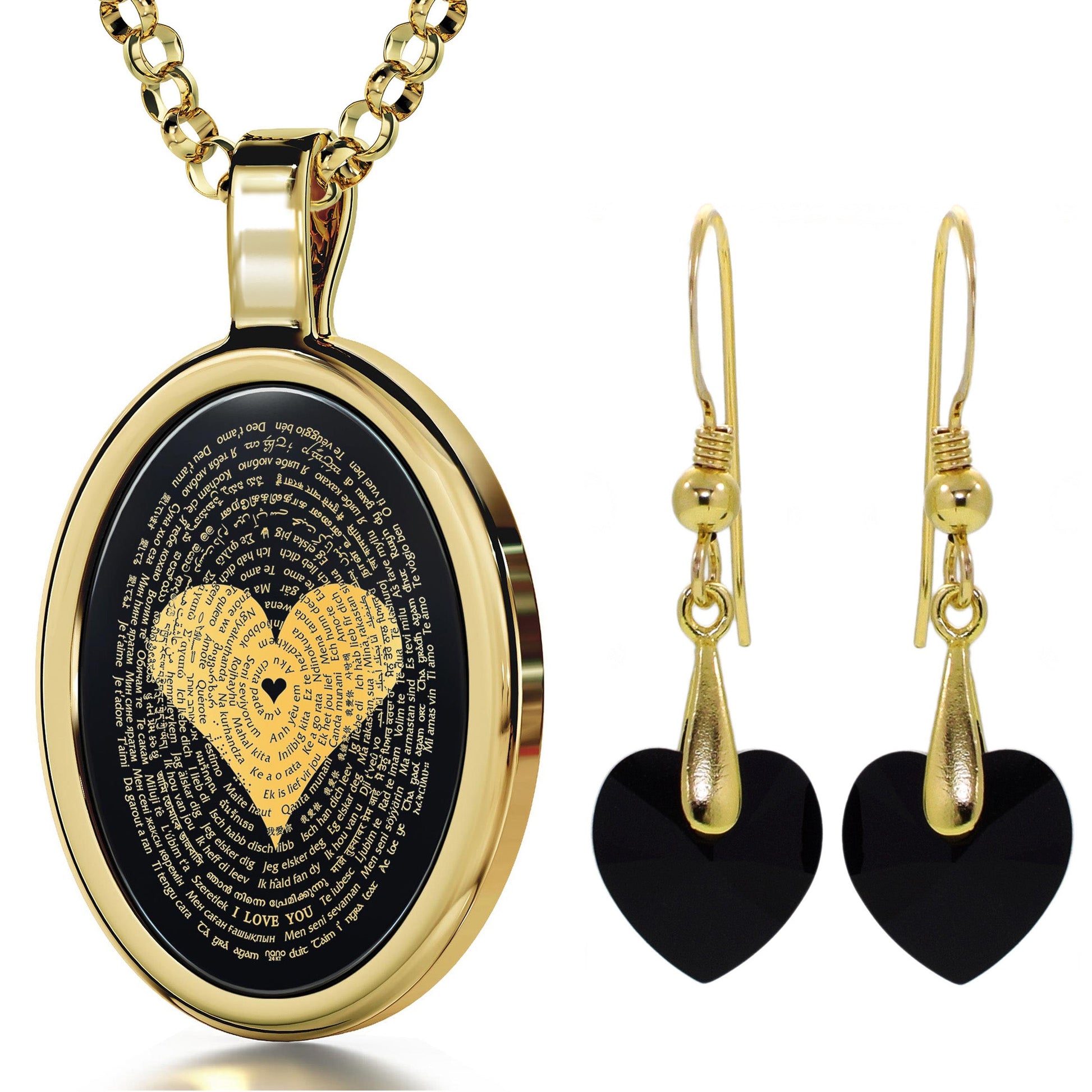 A black and gold "Multilingual I Love You" 24k Gold Necklace & Earrings Set with the words i love you written on it, by Maramalive™.