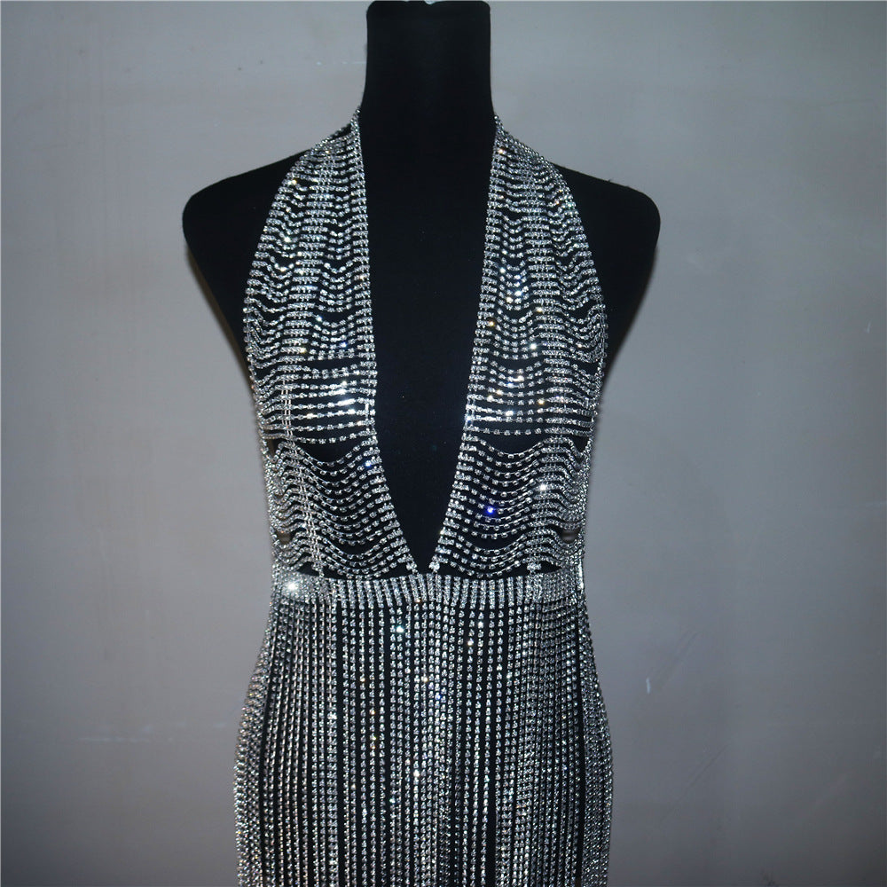 A Maramalive™ Luxury Backless Dress Body Chain with fringes.
