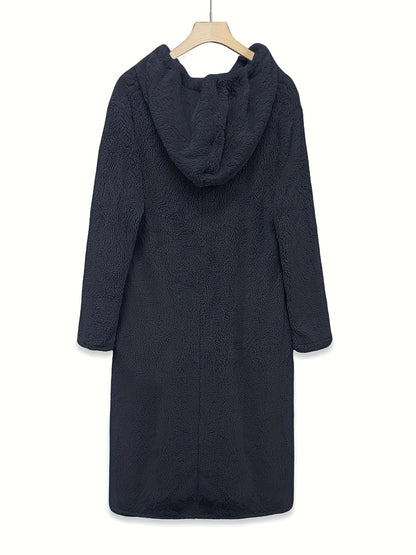 Plus Size Casual Dress, Women's Plus Solid Fleece Long Sleeve Drawstring Hooded Dress With Pockets