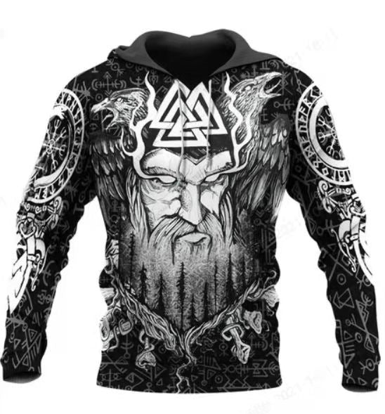 A Men's Hoodie 3D Digital Printing Hoodie with intricate Norse mythology-themed designs, depicting a bearded figure with a winged helmet, surrounded by runes and symbols. Made from durable polyester for comfort and style. Brand: Maramalive™