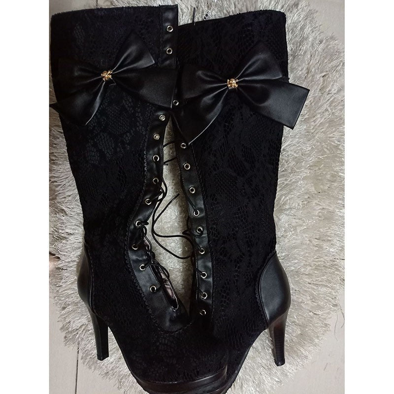 A pair of Maramalive™ Steampunk Bowknot Boots with lace and bows.