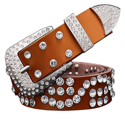 Leather Ladies Belt With Diamond-studded Cowhide Pin Buckle