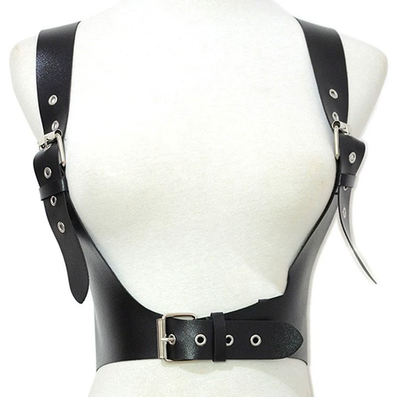 A woman wearing a Gothic Punk Dark Leather Belt Wide Strap Vest from Maramalive™.