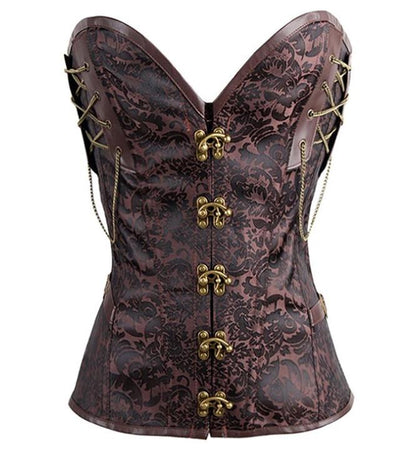 A Maramalive™ La Chilly Hot 14 Steel Bone Steampunk Overbust Brown Corset with Chains.