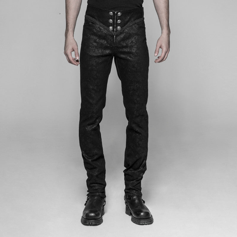 A man wearing Gothic Men's Lolita Punk Vintage Pants by Maramalive™ and a black t-shirt.