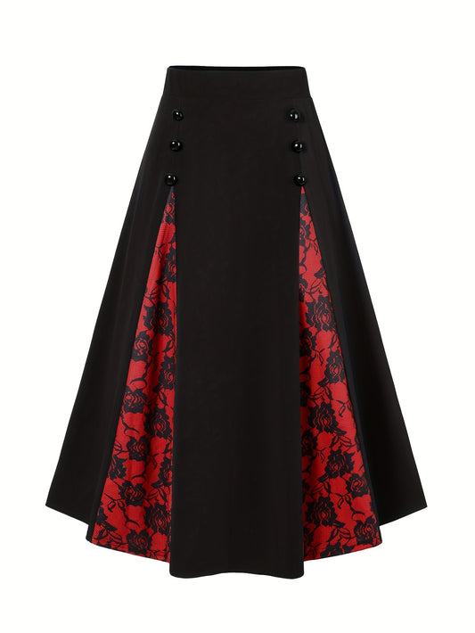 Floral Print High Waist Skirt, Elegant Button Front Ruffle Hem Midi Skirt, Women's Clothing