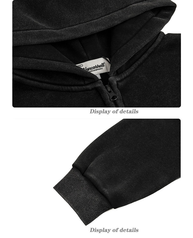Close-up images of a black hoodie made with composite Austrian fleece. Top image shows the hood and label; bottom image shows a sleeve cuff. Text below reads "Display of details." Perfect for street fashion enthusiasts. Featured product: Maramalive™ Old Dark Shadow Portrait Design Velvet Thickened Hooded Sweatshirt.