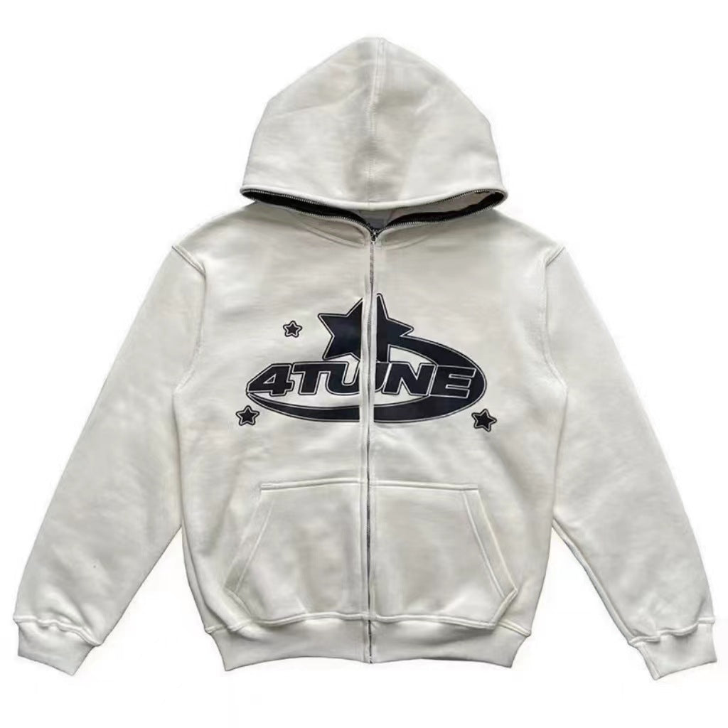 A white hooded zip-up jacket with the text "4TUNE" and star graphics in black on the front, showcasing trendy details for a comfortable and casual style, Gothic Couple Sweatshirts Trendy Outfits by Maramalive™.