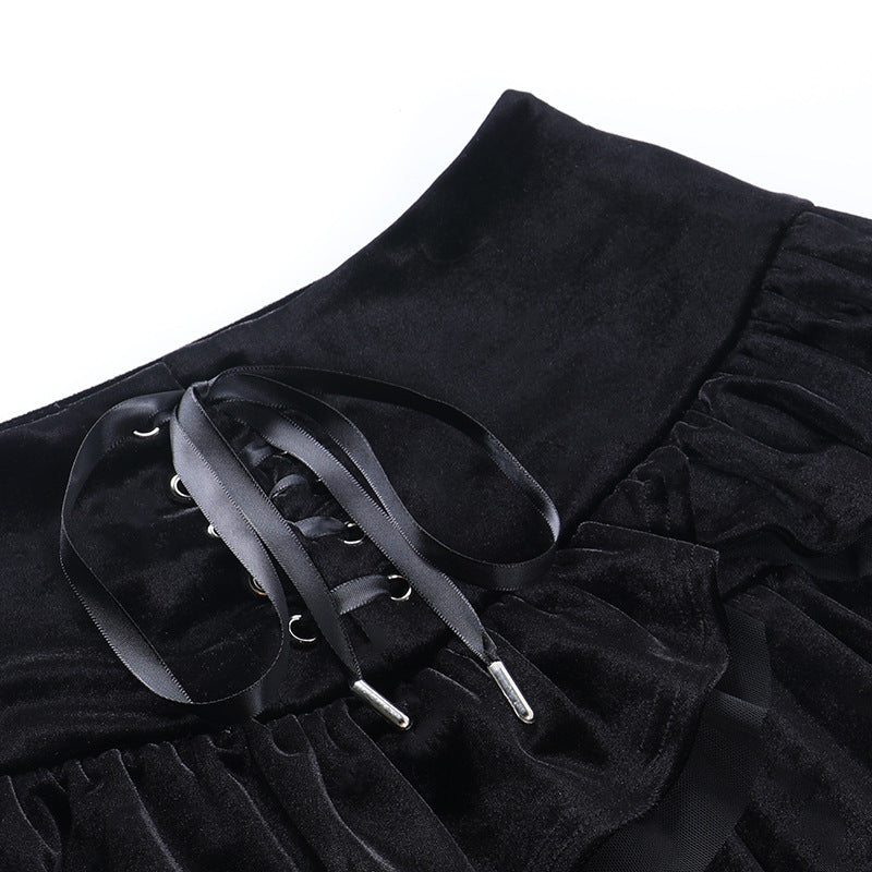 Gothic Lace-up Mesh mini Skirt | Retro Punk Velvet Skirt