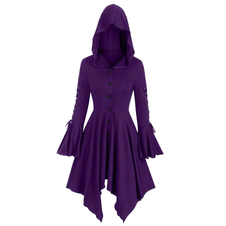 Maramalive™'s Vintage Female Gothic Hooded Dress Cloak Punk Witch Coat Lace Up Irregular Hem Lotus Sleeve.