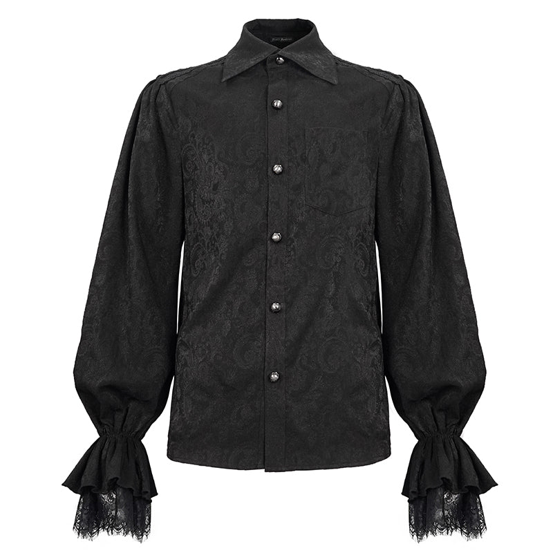 A Maramalive™ Men's Ruffled Gothic Long Sleeved Shirt with a textured pattern, silver buttons, a square collar, and frilly cuffs featuring lace trim.