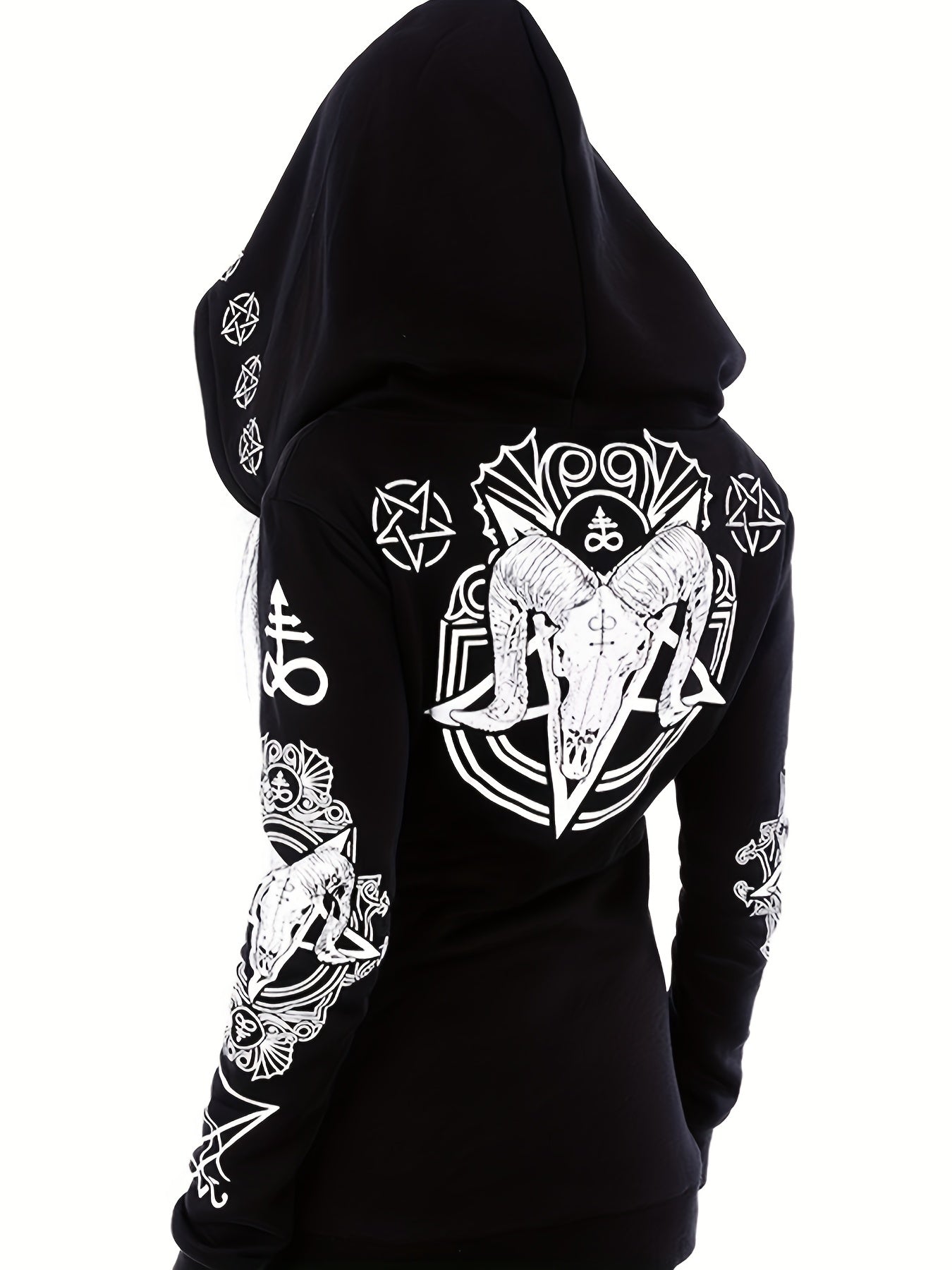 Gothic Hoodie Sun Moon Print Sweatshirt, Black Punk Goth Clothes Long Sleeve Hooded Cardigan Zipper, Women's Clothing