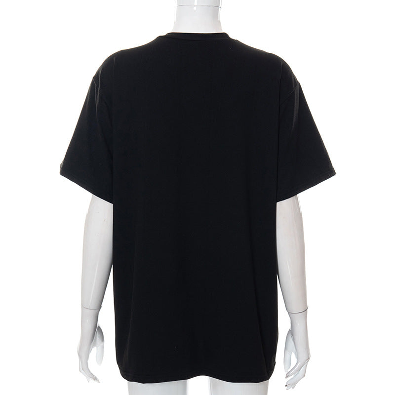 The image shows the back view of a plain black Chic Oversized Short Sleeve Tees for Women worn by a white mannequin, showcasing a casual t-shirt style from Maramalive™.