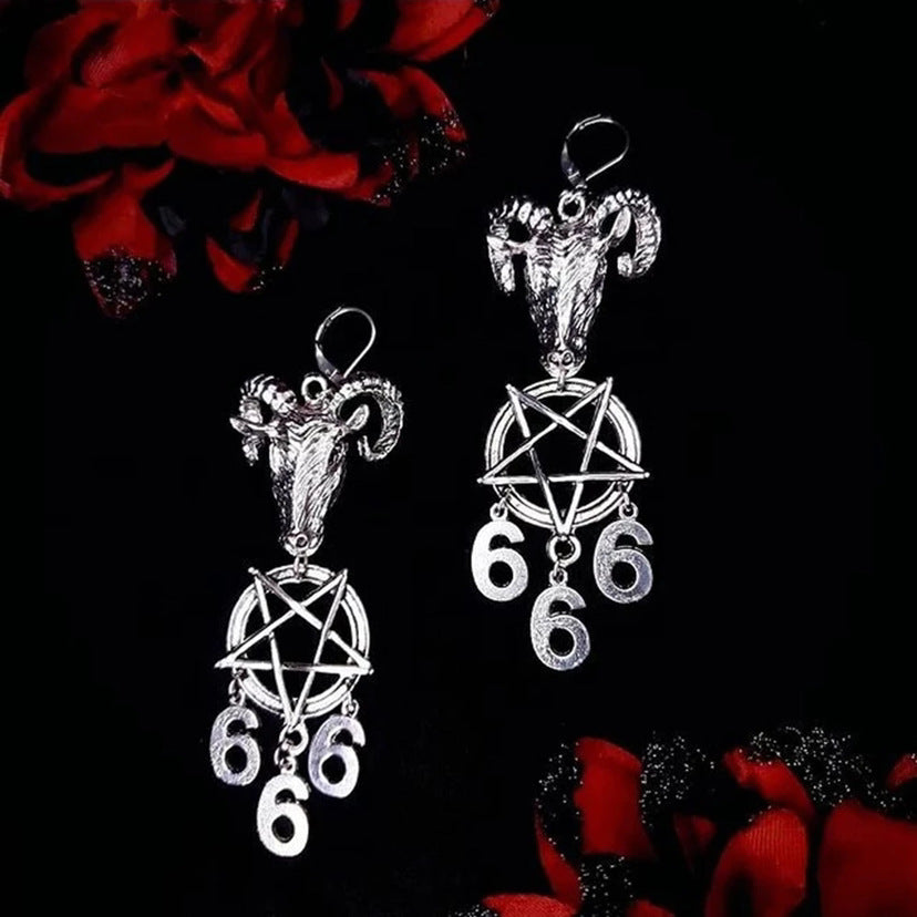 A pair of European And American Fashion Cool Gothic Goat Pentagram 666 Simple All-match Pendant Earrings with a pentagram design by Maramalive™.