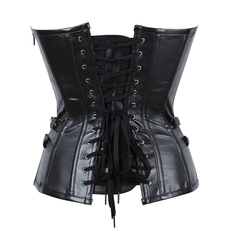 A Gothic Zipper Leather Steel Court Corset with metal straps.