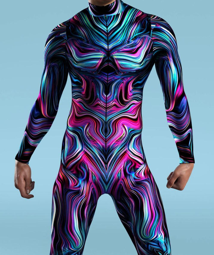 A person in a full-body Maramalive™ Halloween Tights 3D Digital Printing Cos One-piece Play Costume with a vibrant, swirling pattern of pink, blue, and purple hues stands against a plain blue background.