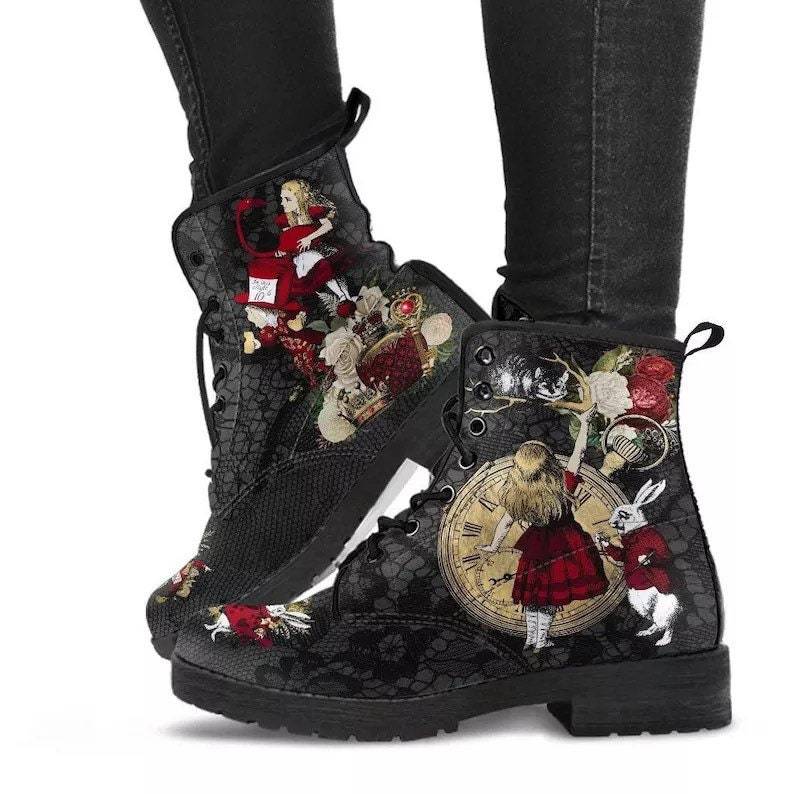 Alice in wonderland Maramalive™ Gothic Print Vegan Leather Combat Boots.