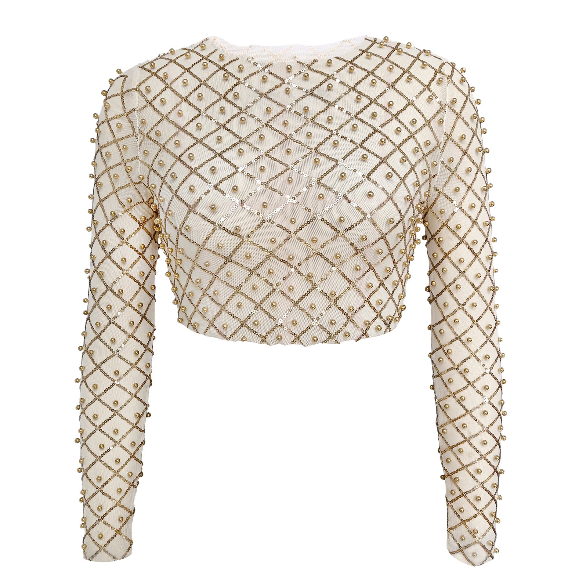 A Mesh Studded Sequin Long-sleeved Shirt from Maramalive™ crafted from polyester fiber, featuring a gold lattice pattern studded with small gold beads, perfect for achieving that celebrity style.