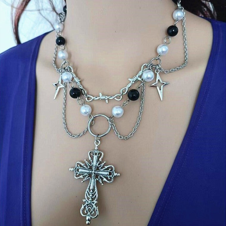 Punk Goth Faux Pearl Cross Necklace