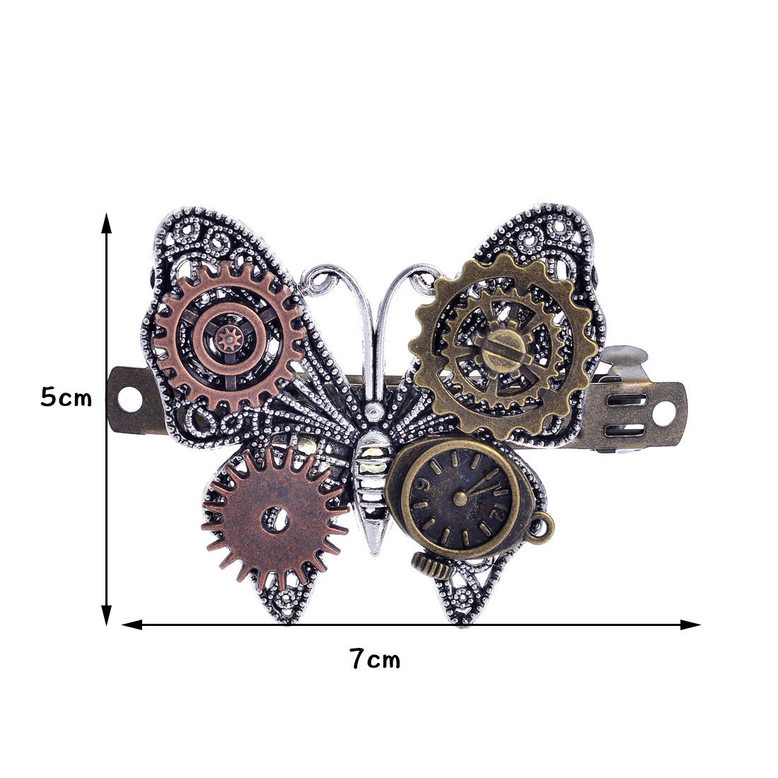 The back view of a woman with long blonde hair wearing Maramalive™ Steampunk Gear Alloy Butterfly Spring Clip Barrettes.