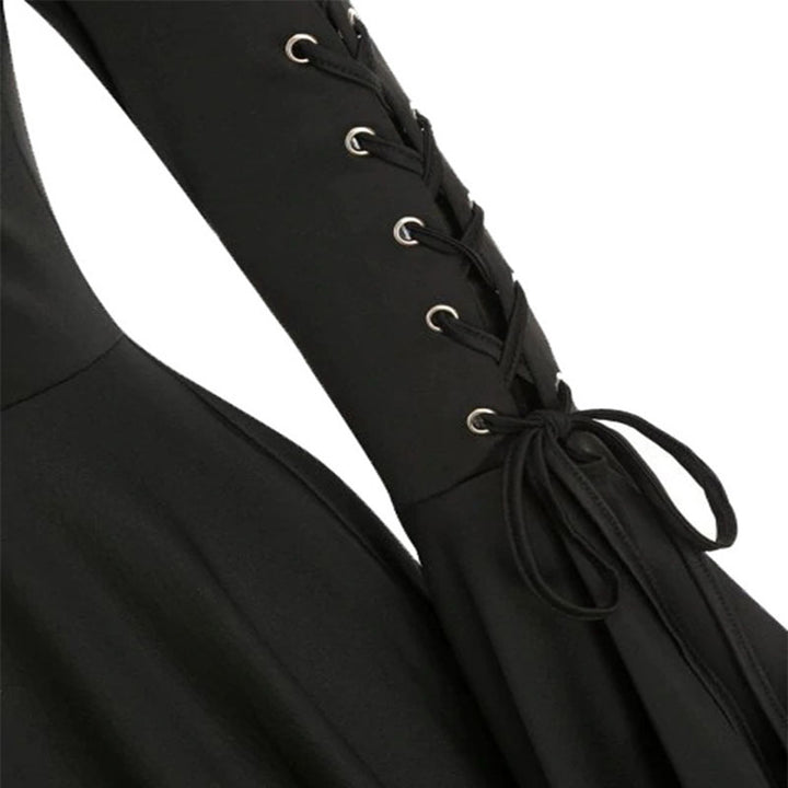 Maramalive™'s Vintage Female Gothic Hooded Dress Cloak Punk Witch Coat Lace Up Irregular Hem Lotus Sleeve.