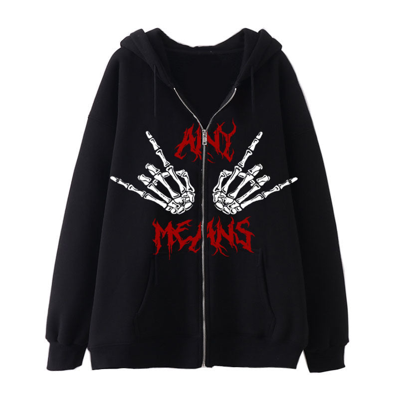 Maramalive™ Dark Zipper Men's Sweatshirt Punk Hand Bone Print Hoodie featuring two skeleton hands making rock signs with red text below, crafted from soft cotton sweatshirt material.