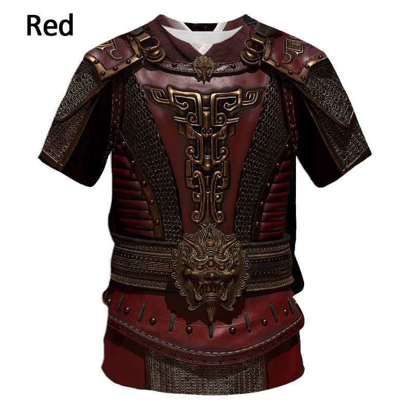 A Maramalive™ Design Logo3D Digital Printing Men's T-shirt Round Neck Short Sleeve designed to resemble medieval armor, featuring intricate details such as epaulettes, chains, and a lion head emblem on the belt. Made from durable Polyester Fiber and Bird eye cloth for added breathability.