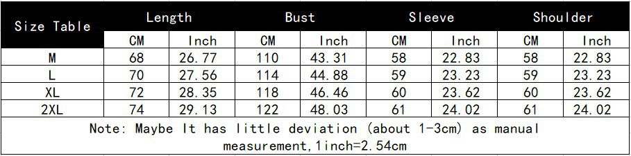 Size chart showing measurements in centimeters and inches for Length, Bust, Sleeve, and Shoulder for a Maramalive™ Punk Dark Skull Printed Hoodie Loose Zip Cardigan Sports Pullover Top in sizes M, L, XL, and 2XL. Includes a note about possible deviations and conversion of inches to centimeters.