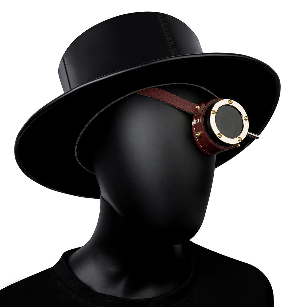 A burgundy leather strap with Halloween Steampunk Retro Goggles attached to it. (Brand Name: Maramalive™)