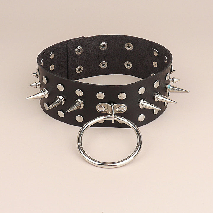 A mannequin wearing a Gothic Rivet Spike Round Ring PU Leather Collar by Maramalive™.