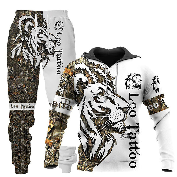 A Hooded Tracksuit with Three-dimensional Art featuring a large tiger graphic and the text "Leo Tattoo," in black and white with a camouflage pattern on part of each piece, perfect for a punk rock vibe from Maramalive™.