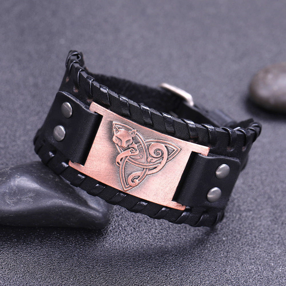 A Triangle Fox Metal Bracelet Couple Leather Bracelet with a celtic design on it by Maramalive™.