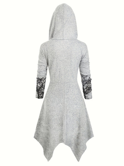 Tree Print Drawstring Hooded Dress, Casual Asymmetrical Long Sleeve Dress For Spring & Fall, Women's Clothing