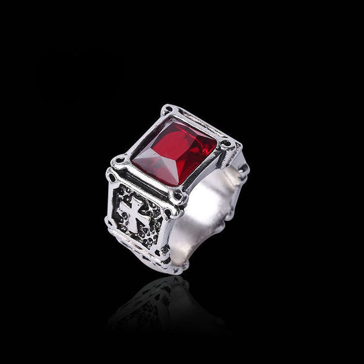 A fashionable women's ring featuring a silver band and the stunning Cardinal's Crest - A Ring of Prestige: Men's Retro Ring Gothic Cross With Rubies by Maramalive™.