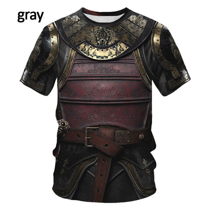 A Maramalive™ Design Logo3D Digital Printing Men's T-shirt Round Neck Short Sleeve with a printed design resembling a medieval armored chest plate, intricate details in gold, red, and dark tones on high-quality polyester fiber. The word "gray" is displayed in the top left corner.