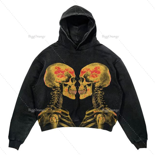 A black hoodie featuring two skeletons, made from polyester fabric and available in various sizes, the Skull Print Set Hip Hop Teen Clothing Vintage Oversized Hood by Maramalive™.