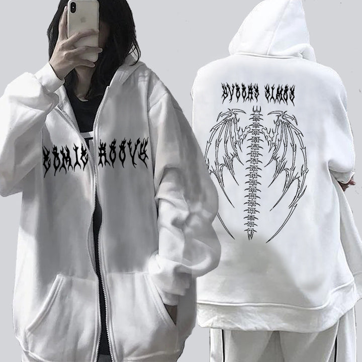 Two people wearing oversized white Maramalive™ Comfy Zipper Hoodies for Fall: Hooded Sweatshirts & Sweaters with black, stylized text and a winged spine design on the back. One person faces forward, while the other shows off the back of this versatile sweater, making it an ideal autumn companion.