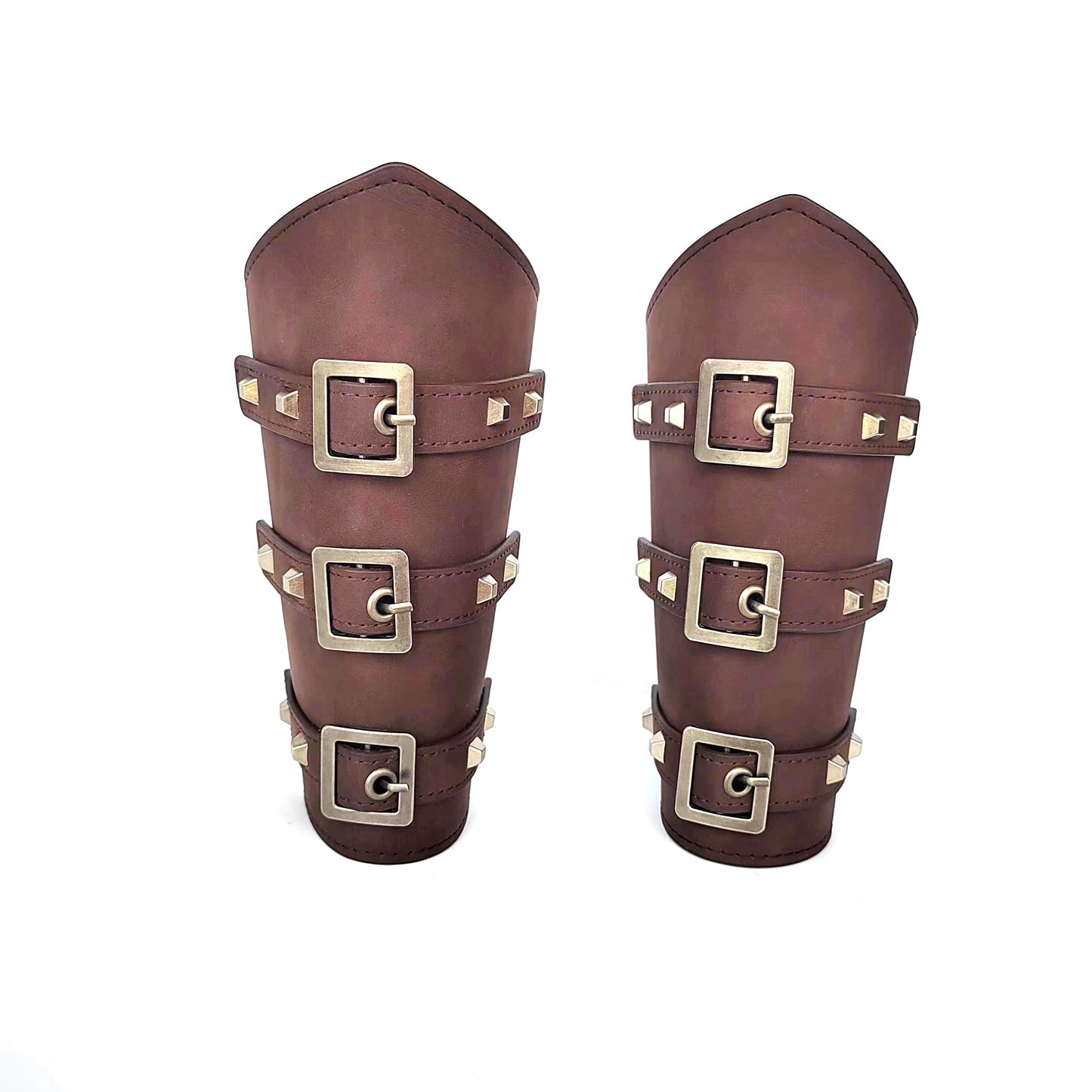 A pair of Medieval Cosplay Retro Steampunk Archery Wristband with gold buckles by Maramalive™.
