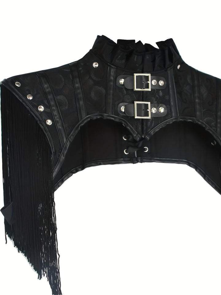 A structured, black leather garment with fringe, metal studs, and two buckles on the front, featuring a stand collar for added sophistication: Fringe Hem Ruffle Trim Crop Top, Punk Mock Neck Buckle Lace Up Shrug by Maramalive™.