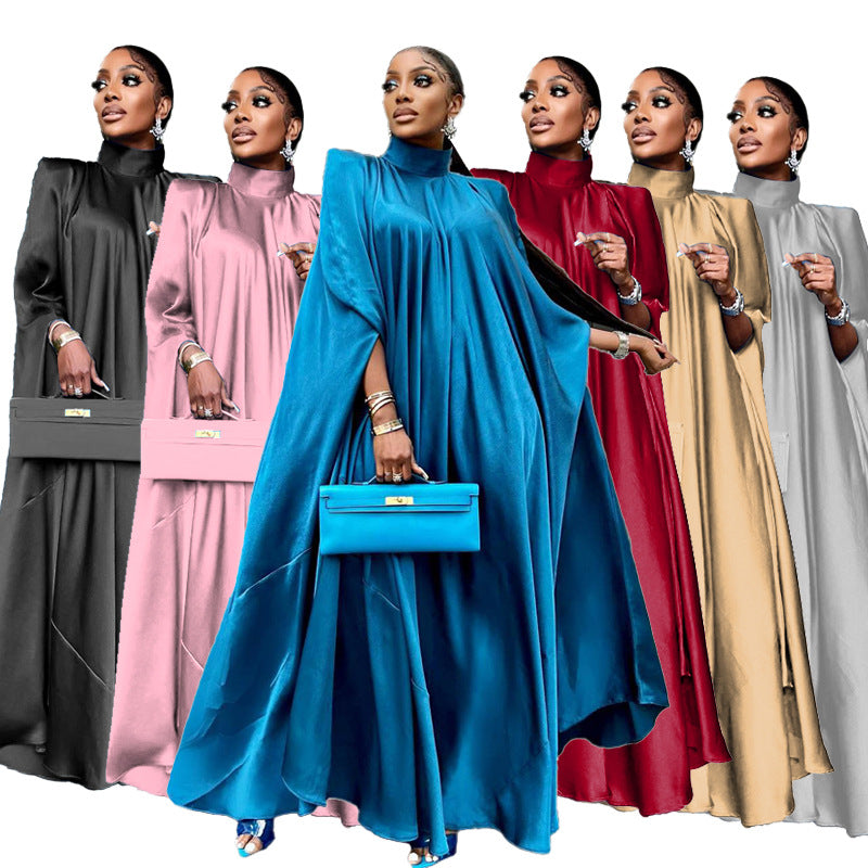 Women's High Neck Loose Hem Middle Eastern Robe Satin Dress