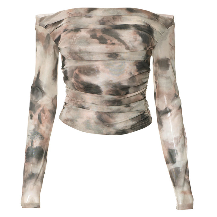 A Printed Off-neck Long Sleeve Backless Pleated Top by Maramalive™ featuring a moiré pattern in earthy tones of beige, brown, khaki, and gray.