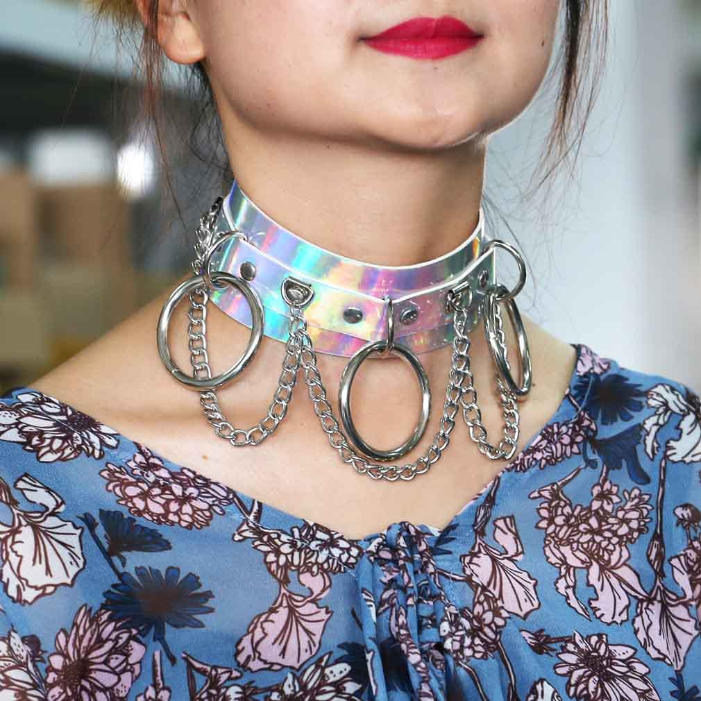 A woman wearing the Maramalive™ Vamp's Choker Exaggerated Gothic Laser Leather Necklace collar.