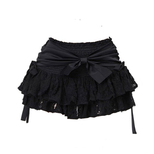 Black A-line Skirt Bow Lace Fluffy Skirt